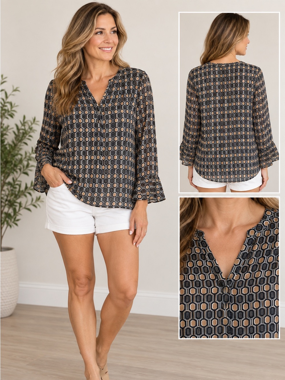 Primark Black Geometric Print Button-Down Blouse with Gold Accents size 10